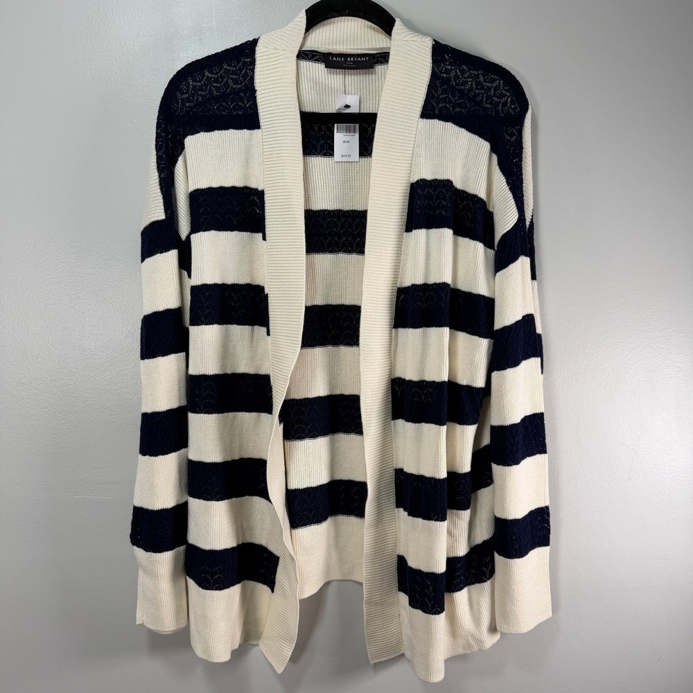 Lane Bryant Navy Cream Striped Pointelle Lace Open Front Cardigan 18/20 NWT